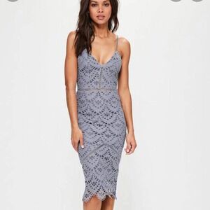 Missguided Slate Grey Crochet Lace Midi Dress V-Neck Bodycon Size 2